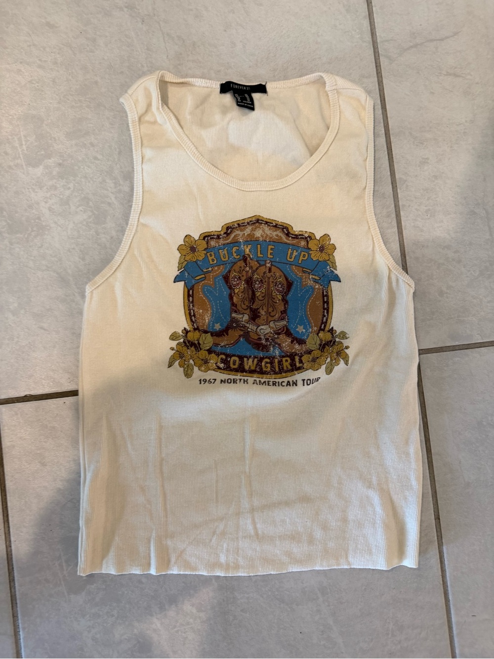 Forever 21 Cream Ribbed Tank with Western Buckle Up Graphic